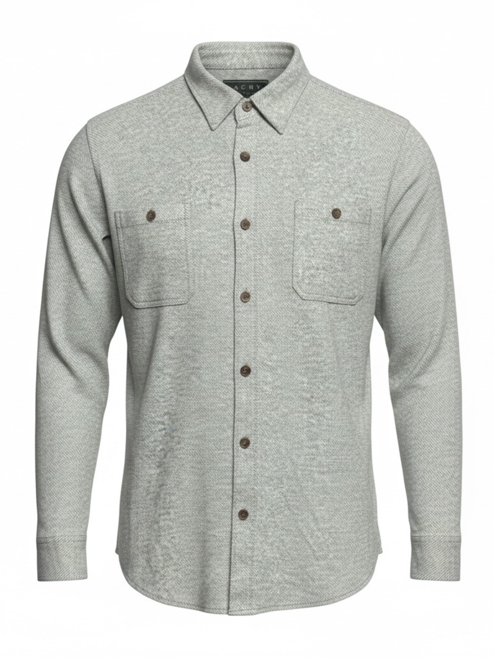 Gray heathered button-up shirt with pockets, size XL.